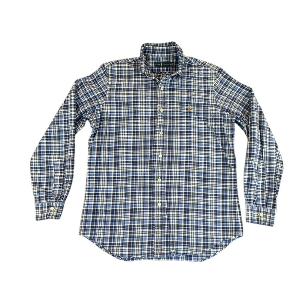 Ralph Lauren Mens M Blue White Plaid Button Down Shirt Long Sleeve Cotton Preppy